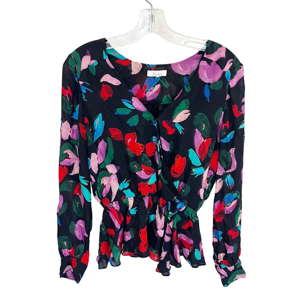 Parker Alyssa Blouse Black Floral Silk Peplum Faux Wrap V-Neck Top Size Small
